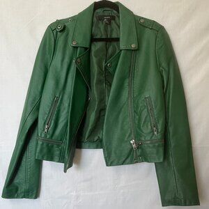 Womens Forever21 Dark Green Faux Leather Jacket Coat Winter Rocker Moto large